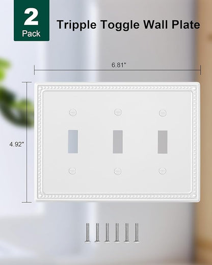 2-Pack Triple Toggle Light Switch Cover Plate, Pearls Decorative Switch Plate Covers, Pure White 3 Gang Metal Wall Plate, Corrosion Resistant
