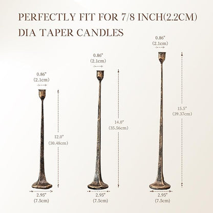 Set of 3 Candle Stick Holders, Iron Antique Gold Candlestick Holders, Fits 3/4 inch Thick Candles, Tapered Candle Holders Tall Set for Dining Table, Wedding, Home Decoration