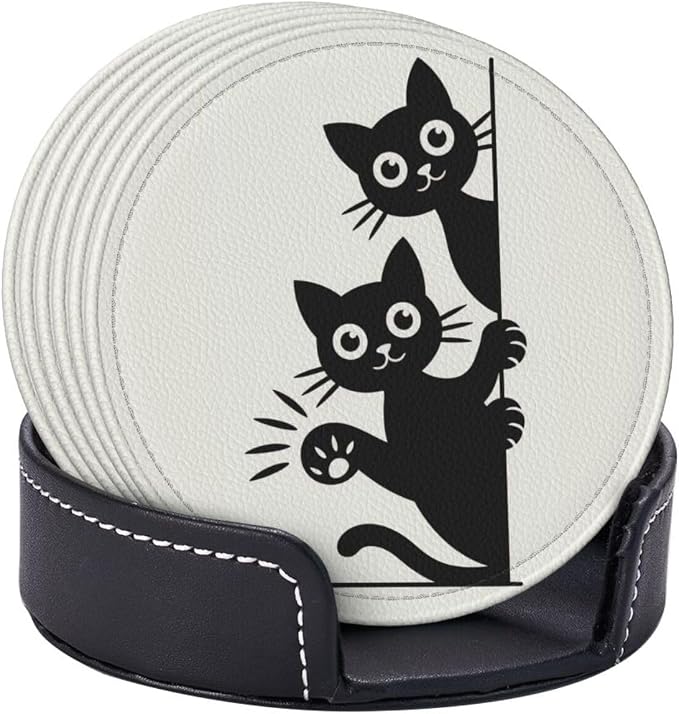 Cute Cats Coasters for Drinks Set of 6, Round Leather Coaster - Image 8