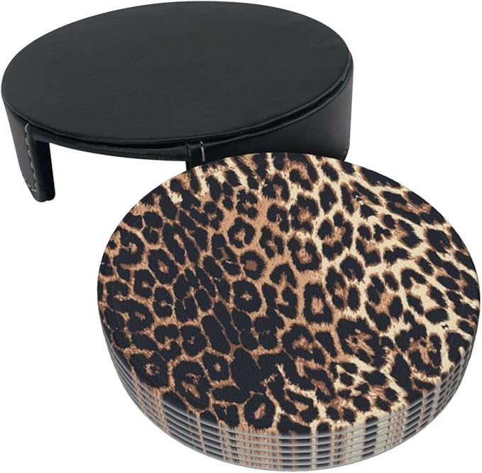 Brown and Black Leopard Texture Spots Premium Leather Coasters - Image 5