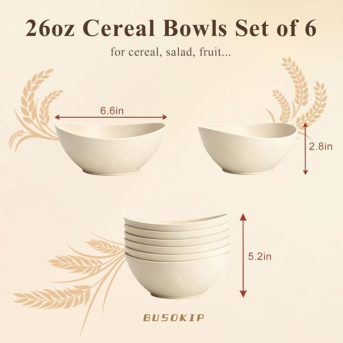 Salad Bowls 26oz, Oval Wheat Straw Bowls Sets of 6, Unbreakable Breakfast Bowls - Image 2