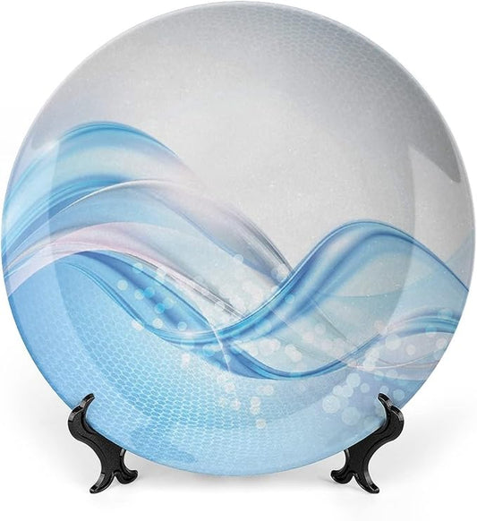 Ceramic Display Plate, Abstract Ceramic Hanging Decorative Plate, Modern Wavy Ocean Surfer Summertime Themed, 6 Inch, Household Custom Ceramic Plate, Pale Blue and White