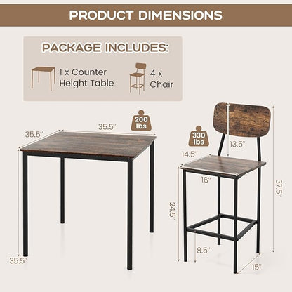 Giantex 5-Piece Dining Table Set W/Counter Height Table & 4 Bar Stools, Industrial Kitchen Dining Set W/Footrest & Backrest, Space-Saving Dinette Set for Pub, Dining Room, Restaurant (Mix Brown)