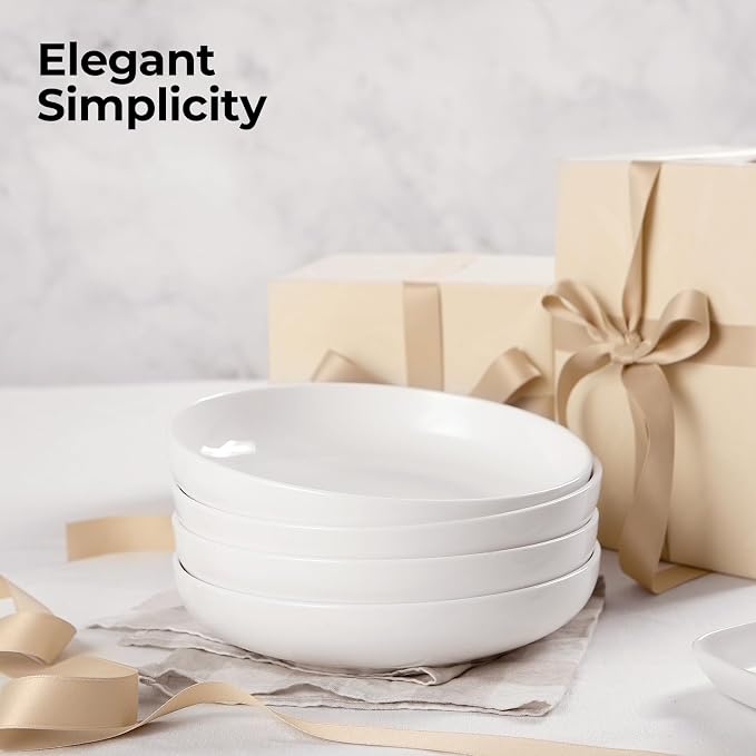 DOWAN 9.75" Pasta Bowls Set of 4, Large Shallow White Ceramic Salad Bowls - Image 7