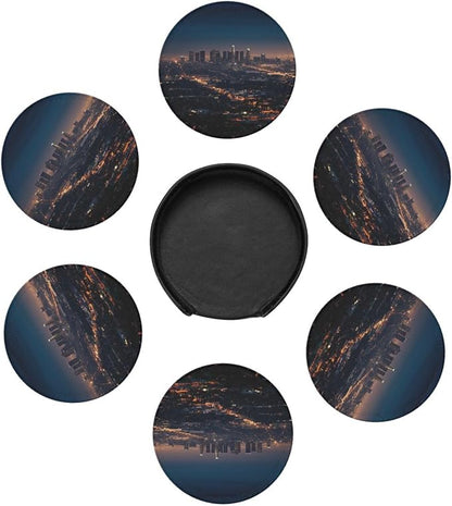 6Pcs PU Leather Coaster for Drinks, Los Angeles Skyline Cup Coasters - Image 7