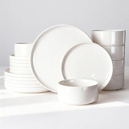 Famiware Porcelain Dinnerware Set, 18-Piece Modern Plate and Bowl Set, dish set for 6, Microwave and Dishwasher Safe Tableware, White