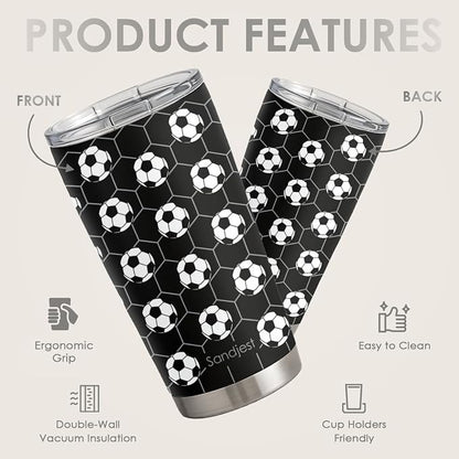 SANDJEST Soccer Stainless Steel Tumbler 20oz, Insulated Travel Coffee Cup - Image 2
