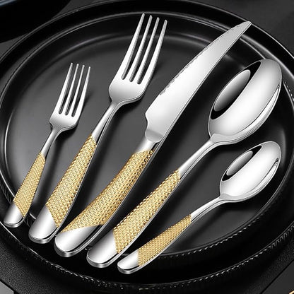 50-piece Luxury Gold-plated TWEE Silverware Set for 10 Palace Style Stainless Steel Flatware Cutlery Serving Utensils Eating Tableware for Home Kitchen Hotel Restaurant Mirror Polished