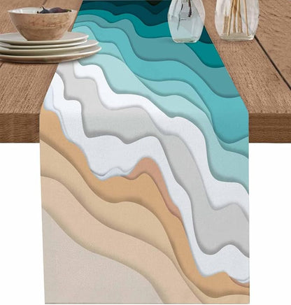 Turquoise Geometric Beach Short Table Runners 48 Inches, Cotton Linen Fabric by Edwiinsa