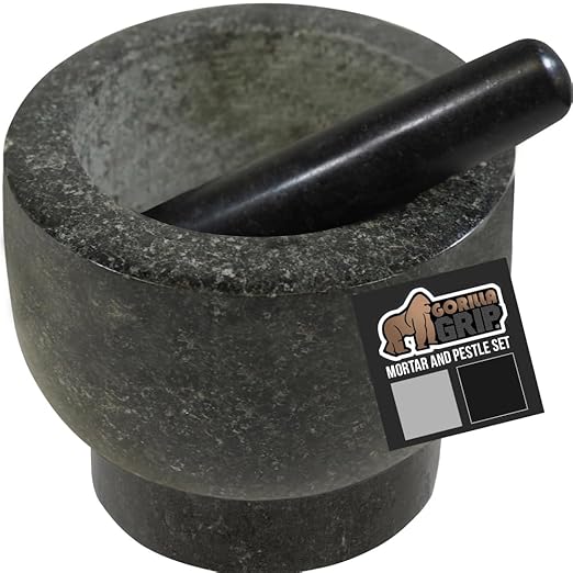 GORILLA GRIP Heavy Duty Mortar and Pestle Set with Slip Resistant Base, 2 Cup, 100% Granite Stone Molcajete Guacamole Bowl, Grind Seeds, Spices, Crush Garlic, Kitchen Muddler for Fresh Herbs, Black