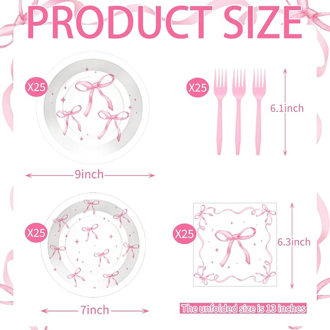 100 Pcs Pink Ribbon Bow Party Supplies Set, Serves 25 – Disposable Paper Plates - Image 2