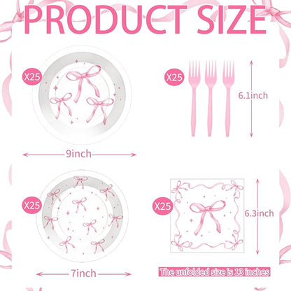 100 Pcs Pink Ribbon Bow Party Supplies Set, Serves 25 – Disposable Paper Plates - Image 2