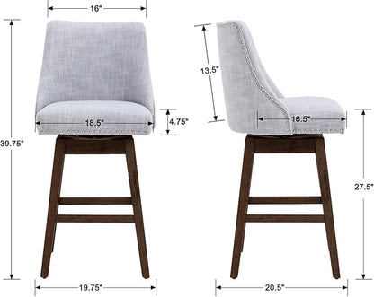 27.5" Counter Height Bar Stool, Linen Fabric Mid Century Modern Swivel Barstool with Back & Wood Legs Comfy Upholstered Counter Chair for Home Bar/Dining Room/Restaurant, Grey