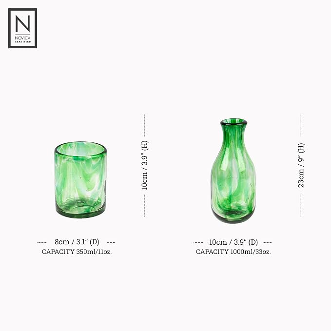 NOVICA Artisan Handblown Recycled Glass Carafe Green Cup Mexico Tableware - Image 5
