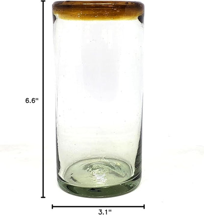 Amber Rim 20 oz Tall Iced Tea Glasses (set of 6) Mexican Handmade Glassware, Recycled Glass, Lead-free, Toxin-Free (Tall Iced Tea)