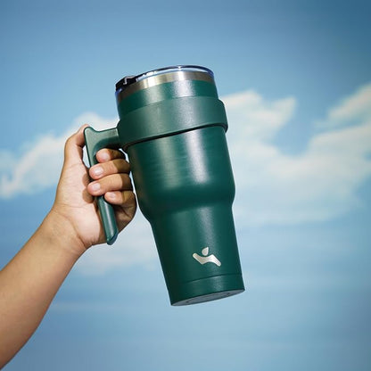 Konokyo 30 oz Tumbler with Handle and Straw, Insulated Travel Mug | Army Green; - Image 5