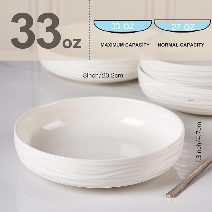 Pasta Bowls Set of 4, 33 OZ White Salad Bowls | 8 Inch Porcelain Wide and - Image 3