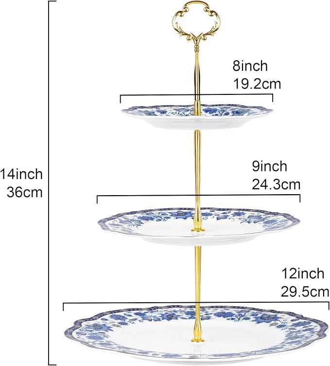 fanquare 3-Tier Elegant British Blue Floral Porcelain Cupcake Stand | Fruit - Image 6