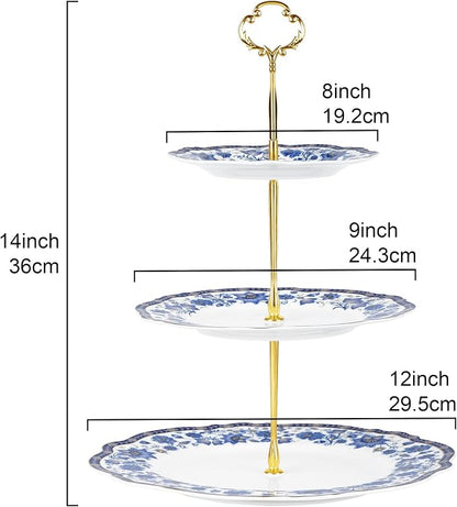 fanquare 3-Tier Elegant British Blue Floral Porcelain Cupcake Stand | Fruit - Image 6
