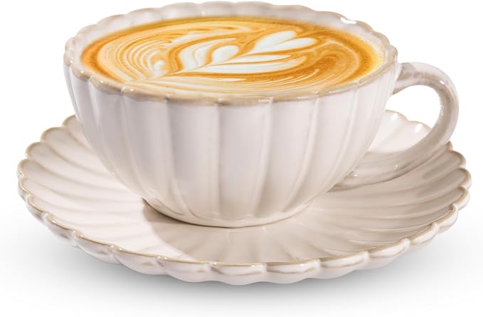 Ceramic Latte Cup with Saucer, 12 OZ Cappuccino Cup Vintage Cafe Art Cups by Unknown