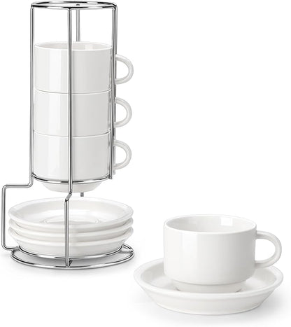 MALACASA 8 OZ Porcelain Espresso Cups with Saucers and Metal Stand Set of 4, Stackable Cappuccino Cups, White Expresso Shots Cup Set for Coffee Drinks, Latte, Tea