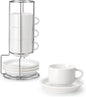 MALACASA 8 OZ Porcelain Espresso Cups with Saucers and Metal Stand Set of 4, Stackable Cappuccino Cups, White Expresso Shots Cup Set for Coffee Drinks, Latte, Tea