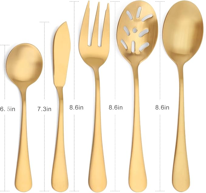 Matte Gold Serving Set，SHARECOOK 5-Piece 18/0 Stainless Steel Large Hostess Set - Image 2