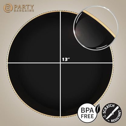 PARTY BARGAINS 13-Inch Charger Plates - 4 Pack, Organic Collection Black Gold Rim, Heavy-Duty Disposable Chargers for Elegant Dining - Ideal for Weddings and Formal Events