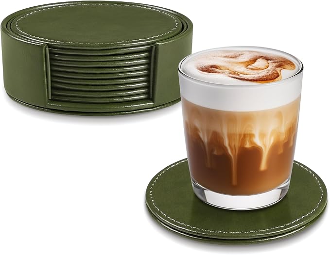Leather Coasters Set of 6 with Holder, Tabletop Protection, Coffee Table & Bar by Unknown