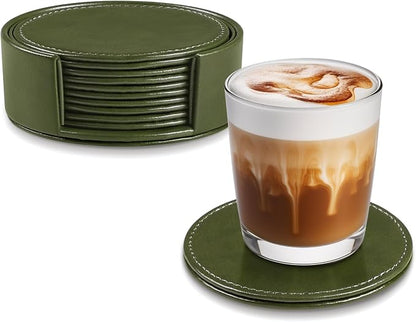 Leather Coasters Set of 6 with Holder, Tabletop Protection, Coffee Table & Bar by Unknown