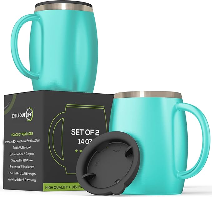 Stainless Steel Insulated Coffee Mugs Set of 2 Double Wall Coffee Cups by CHILLOUTLIFE