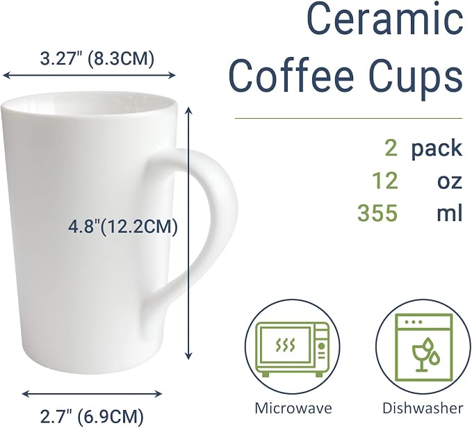 2 Pack 12 OZ Ceramic Coffee Cup Simple Pure White Ceramic Cup | Plain Large - Image 2