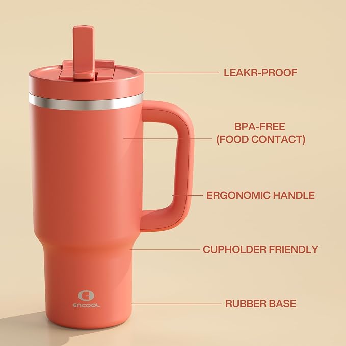 ENCOOL 32 oz Tumbler with Handle and Straw: Stainless Steel Insulated Tumbler - Image 6