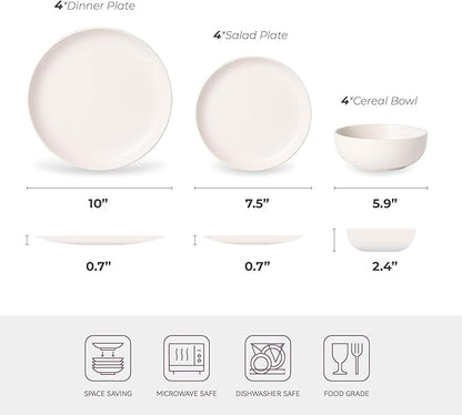 12-Piece Matte White Dinnerware Set,Stoneware Dinnerware for 4, Microwave & Dishwasher Safe, Stackable Design for Kitchen and Dining - Plates and Bowls