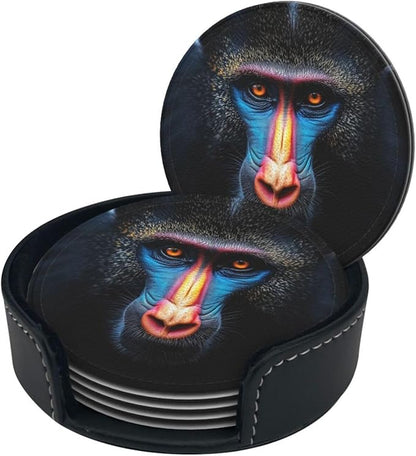 Mandrill face Printed Leather Coasters for Drinks, Set of 6 Drink Coaster Dining Room Decor Cup Coasters