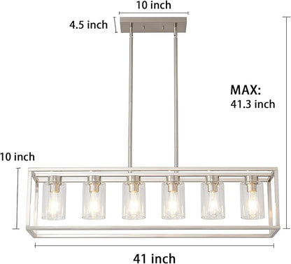 XILICON Dining Rooms Brushed Nickel Chandeliers,Kitchen Island Farmhouse Lighting Fixture Industrial Rustic Ceiling Hanging 6 Light Modern Pendant Light with Glass Shade