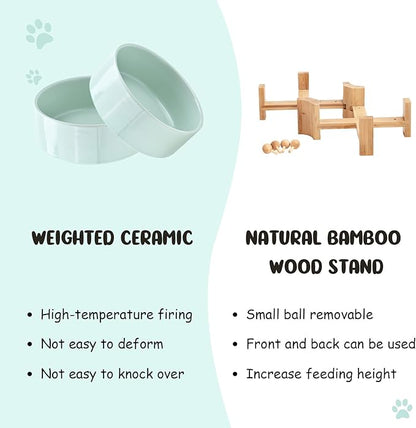 SPUNKYJUNKY 15° Slanted Ceramic Dog and Cat Bowl with Wooden Stand, Tilted Bulldog Food and Water Bowl No Slip Non-Spill for Cats Medium Dogs Big Face Pets 28.7 OZ (3.6 Cups, Morandi Green × 2)