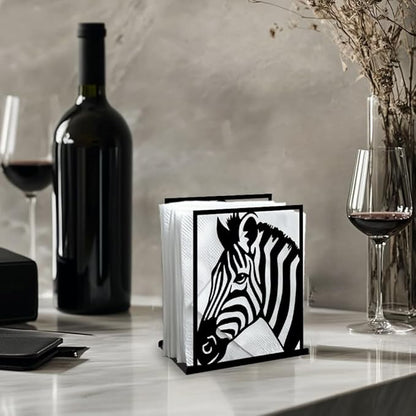 Zebra Decorative Black Metal Napkin Holder for Table, 5.3" x 4.9" x 1.9" Zebra Wild Animal Standing Napkin Holder for Home Kitchen Restaurant Picnic Party Coffee Bar Dining Room