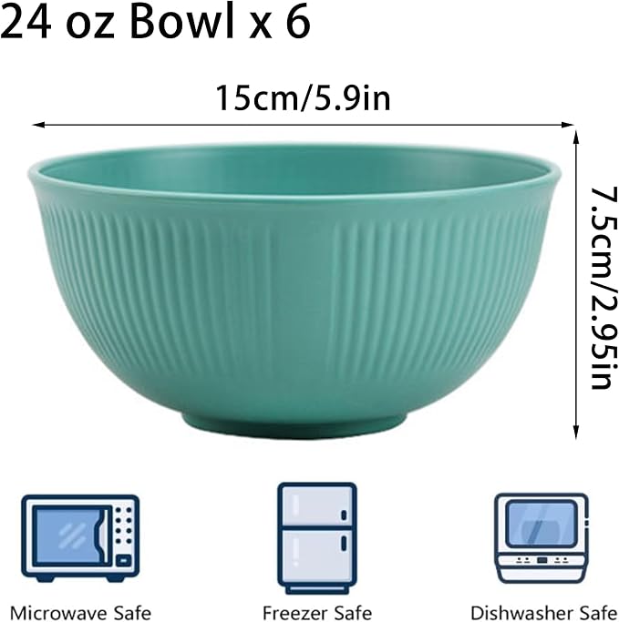 Unbreakable Wheat Straw Cereal Bowls Set of 6, 24 OZ Microwave and Dishwasher - Image 2