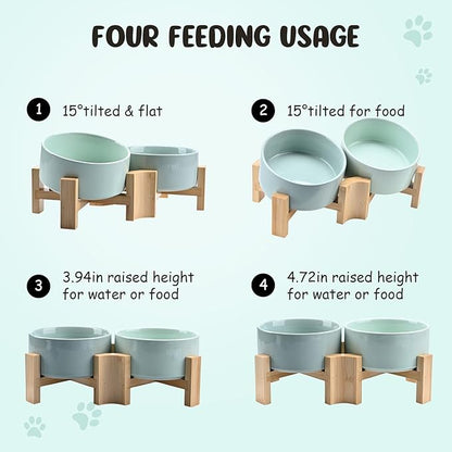 SPUNKYJUNKY 15° Slanted Ceramic Dog and Cat Bowl with Wooden Stand, Tilted Bulldog Food and Water Bowl No Slip Non-Spill for Cats Medium Dogs Big Face Pets 28.7 OZ (3.6 Cups, Morandi Green × 2)