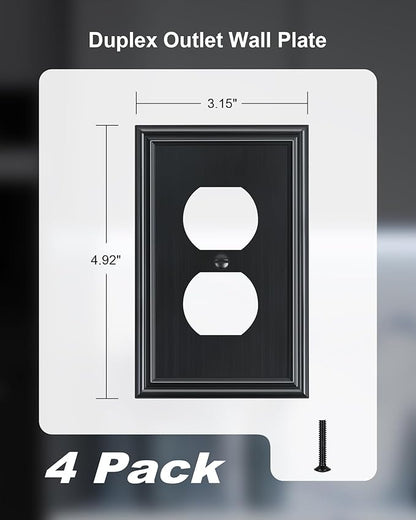 4-Pack Duplex Outlet Cover, Durable Solid Zinc Alloy Decorative Switch Plates and Outlet Covers, Black Wall Plates for Electrical Outlets, 1 Gang Receptacle Cover, Corrosion Resistant