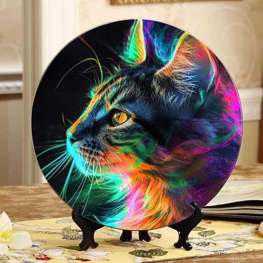 10 Inch Psychedelic cat Colors Decorative Ceramic Plates with Display Stand Ideal for Household Wall Hanging and Decor DP-073411664