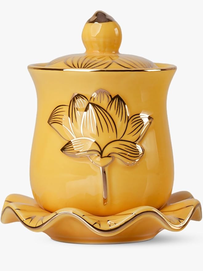 QINLANG Yellow Buddha Water Cup, Ceramic Holy Water Offering Cup by QINLANG