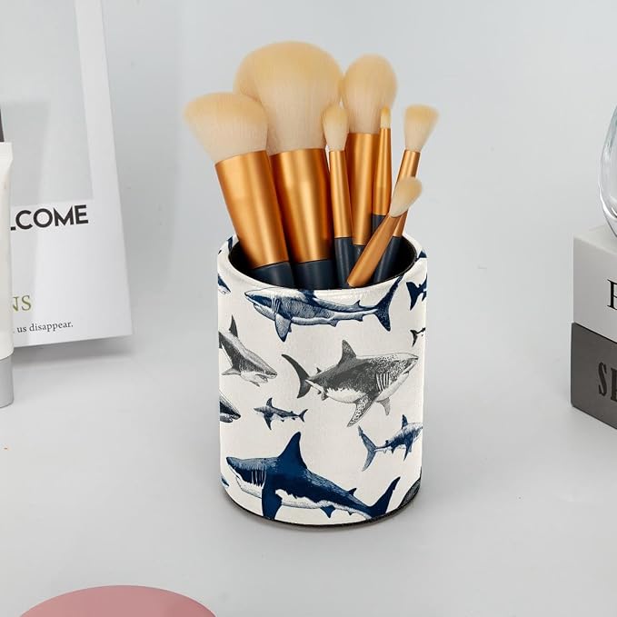 Leather Pen Holder for Desk, Sharks Pencil Cup Pen Organizer Makeup Brush - Image 6
