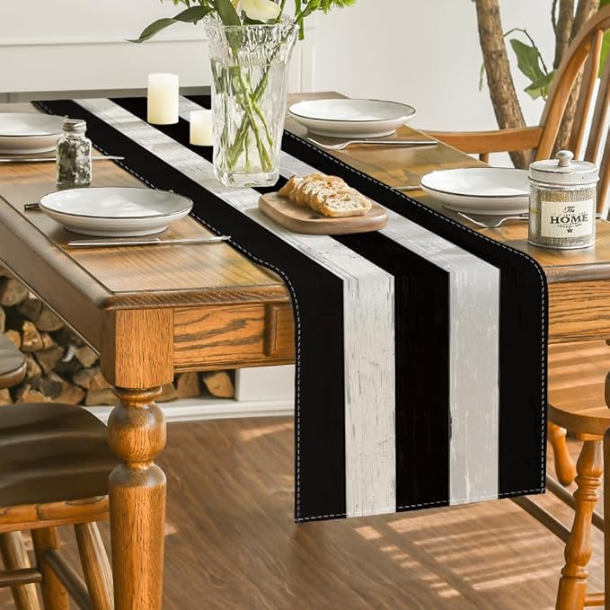 Artoid Mode Black and White Retro Rustic Wood Texture Table Runner, Seasonal - Image 4
