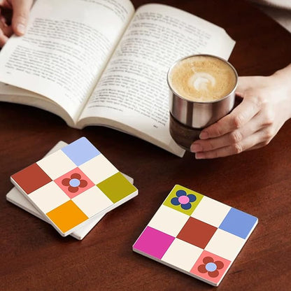 MAYCARI Contrasting Color Cartoon Flower Coasters Set of 6 Cork Backed Checkered Flower Coasters with Metal Holder Ceramic Surface Drink Cup Mats for Tabletop Protection Desk Decoration Birthday Gifts