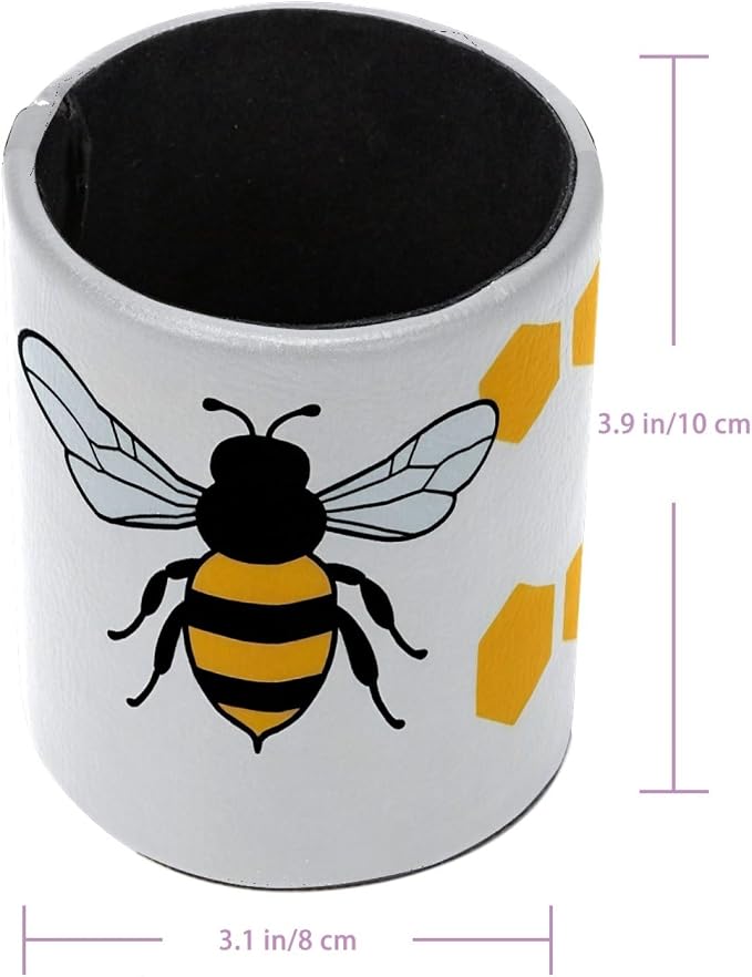 Leather Pen Holder for Desk, Cartoon Bee Pencil Cup Pen Organizer Makeup Brush - Image 3