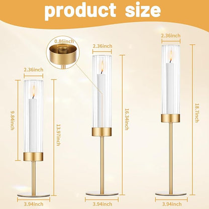Tall Candle Holders Set of 3, Hurricane Glass Taper Candlestick Holders for Wedding, Christmas Decor, Dining Table, Party Centerpieces