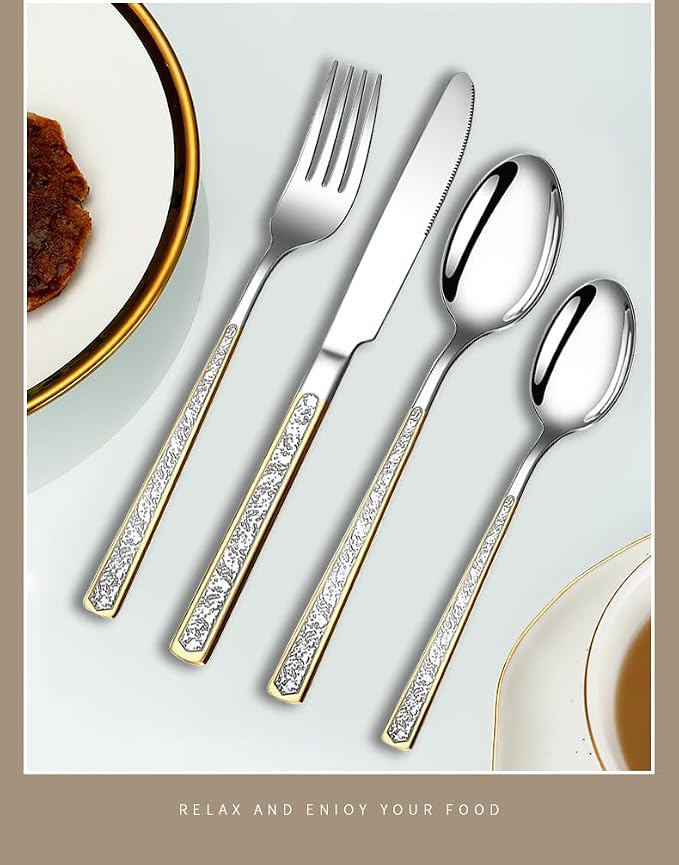 40-Piece Embossed Gold Silverware Set, 18/0 Stainless Steel Flatware Fancy - Image 5