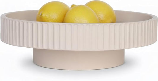 JUPTR 12” Fluted Concrete Fruit Bowl – Heavyweight Pedestal Decorative Bowl for Table Centerpiece, Entryway Catch-All & Modern Home Décor (Beige)